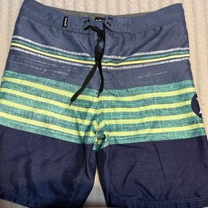 Hurley Blue and Green Striped Swim Trunks